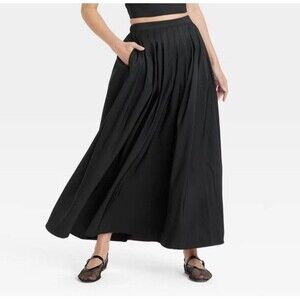 Women's A Line Pleated Voluminous Maxi Skirt - A New Day Black XL